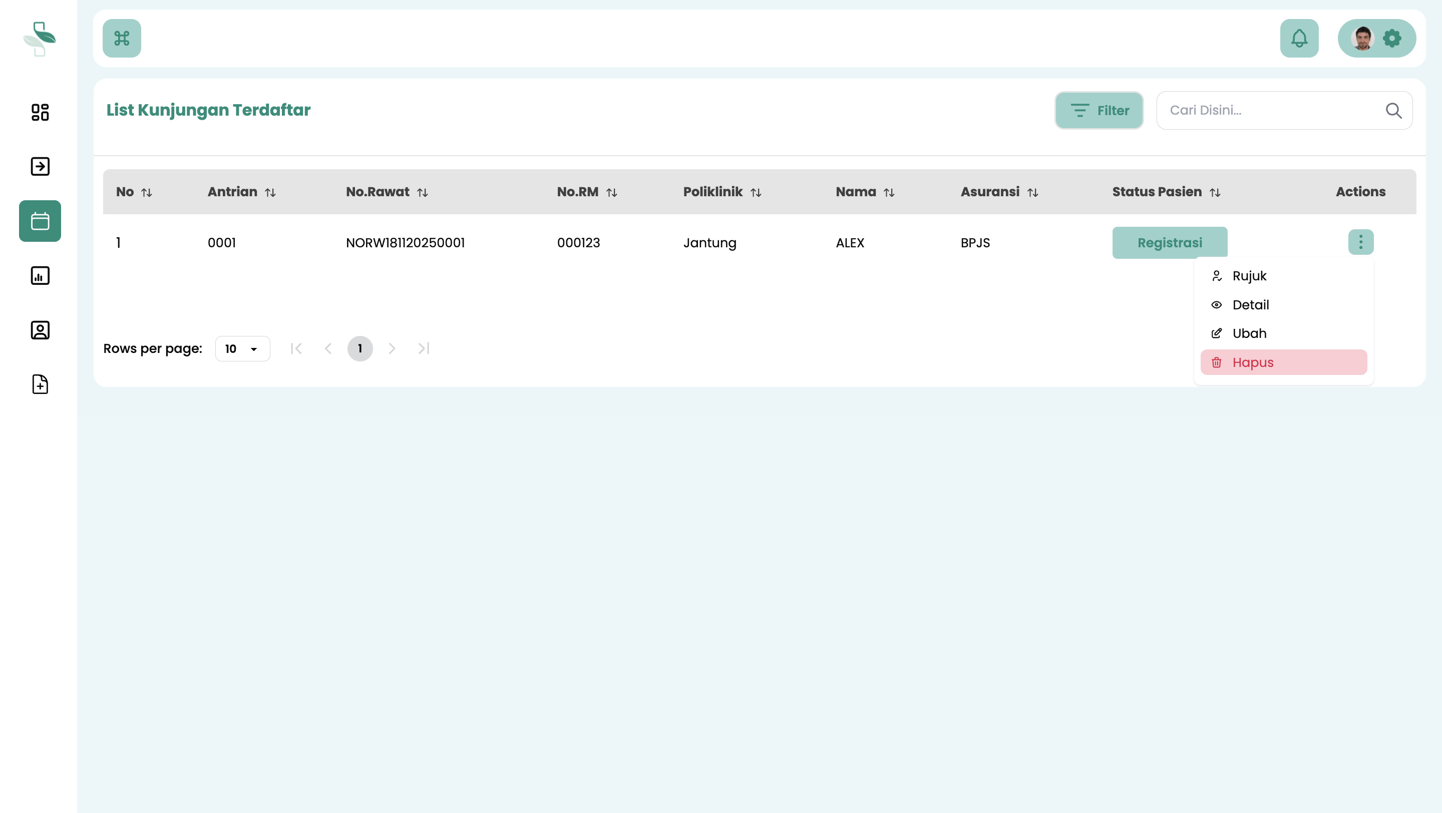 Pilih Aksi Hapus Kunjungan Terdaftar